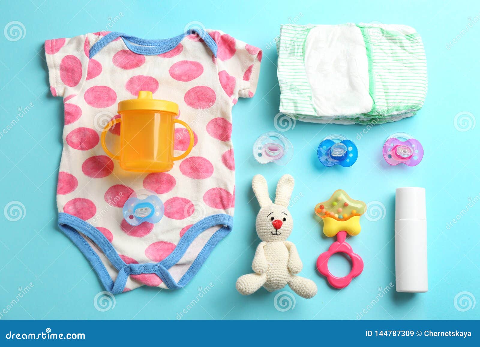 flat lay composition with baby accessories