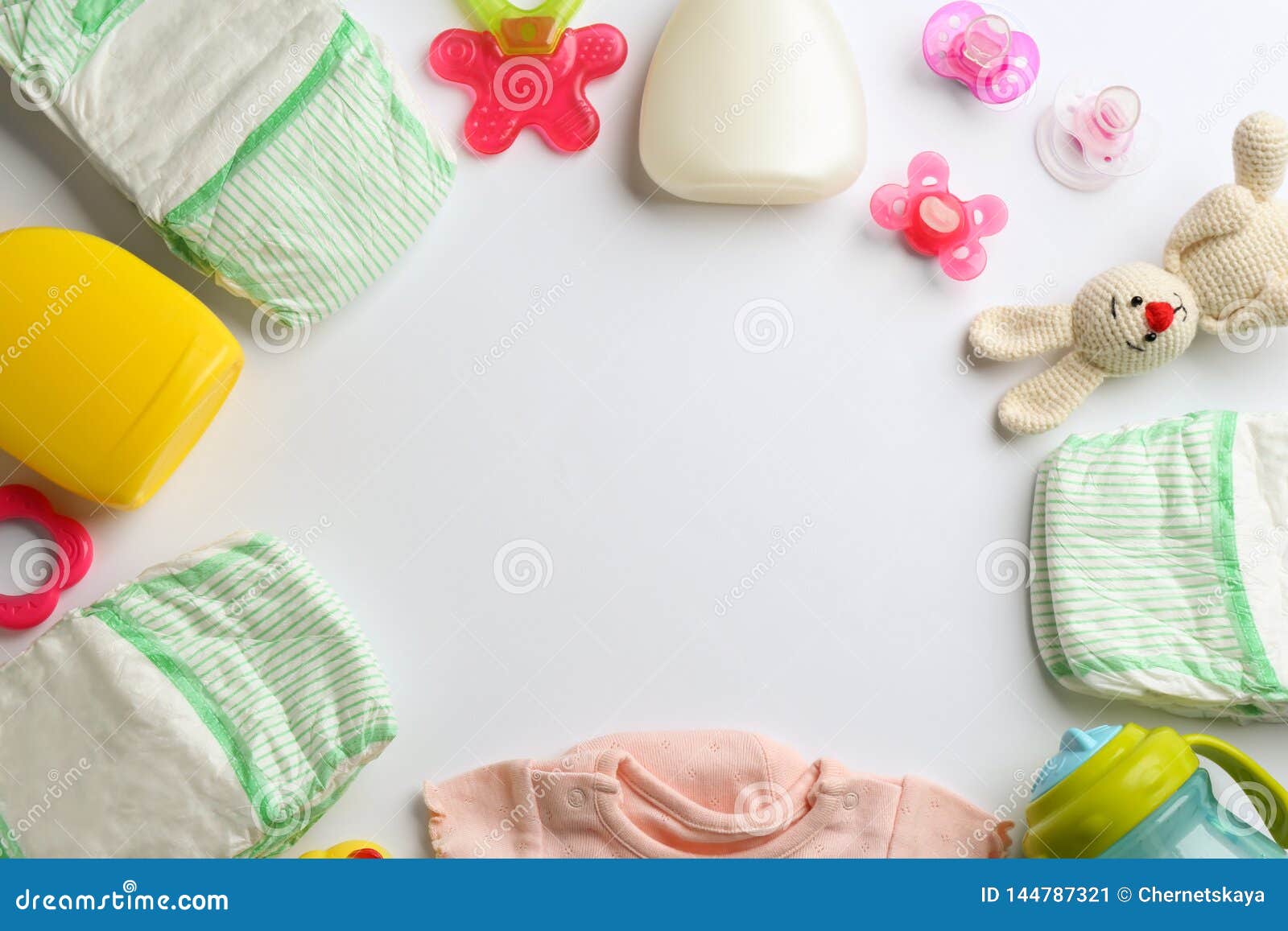 Flat Lay Composition with Baby Accessories on White Background. Stock