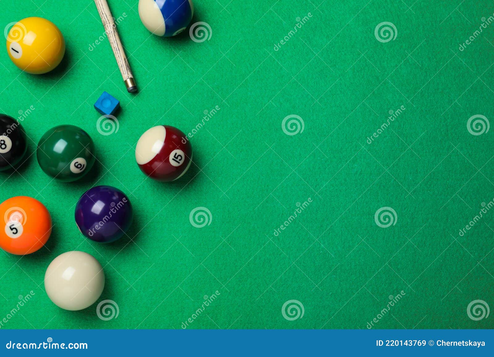 flat lay composition with balls on billiard table, space for text