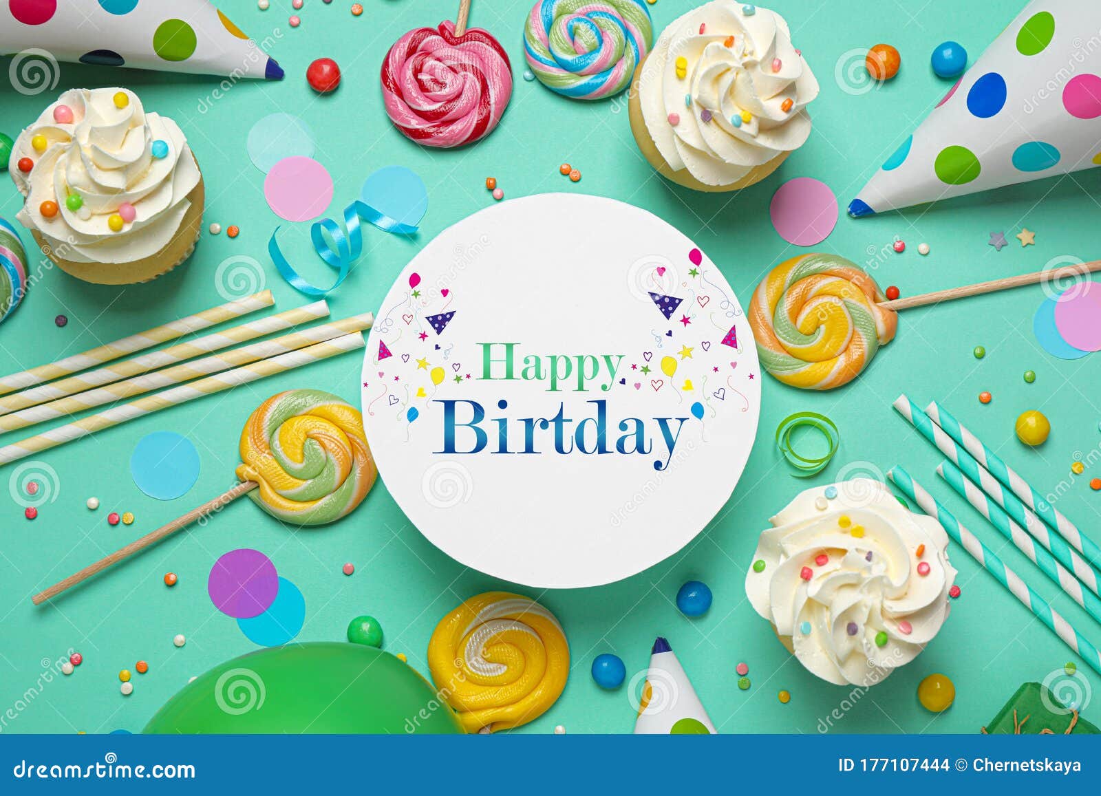 Flat Lay Composition with Delicious Cupcakes and Text Happy Birthday on ...