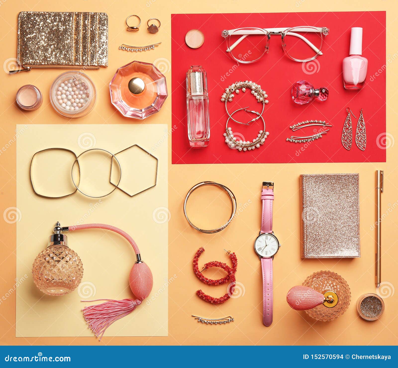 Flat Lay Composition with Different Female Accessories and Decorative