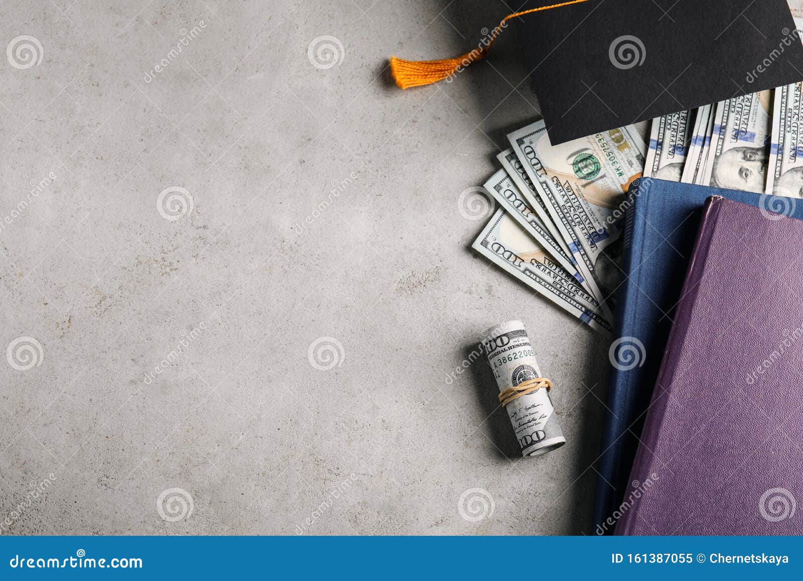 Flat Lay Composition with Dollars and Student Graduation Hat on Stone  Background. Tuition Fees Concept Stock Image - Image of composition, gown:  161387055