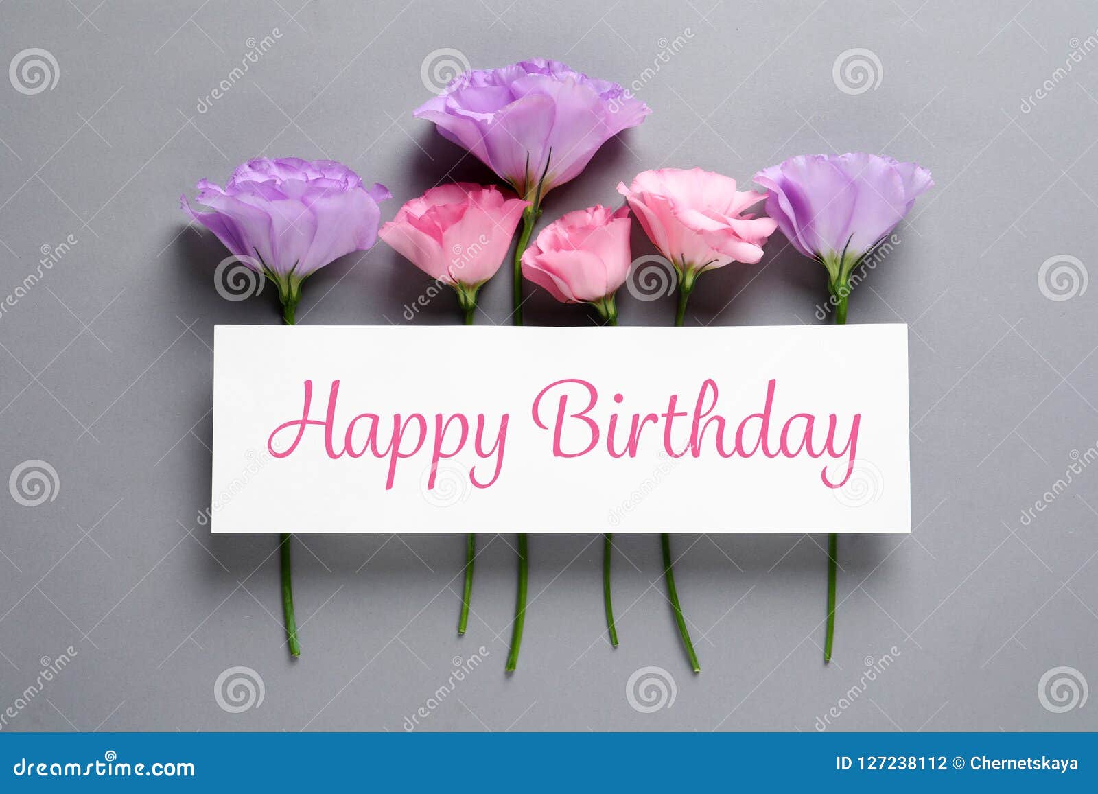 Flat Lay Composition Of Eustoma Flowers And Card With Greeting Happy Birthday Stock Photo Image Of Blossom Object 127238112