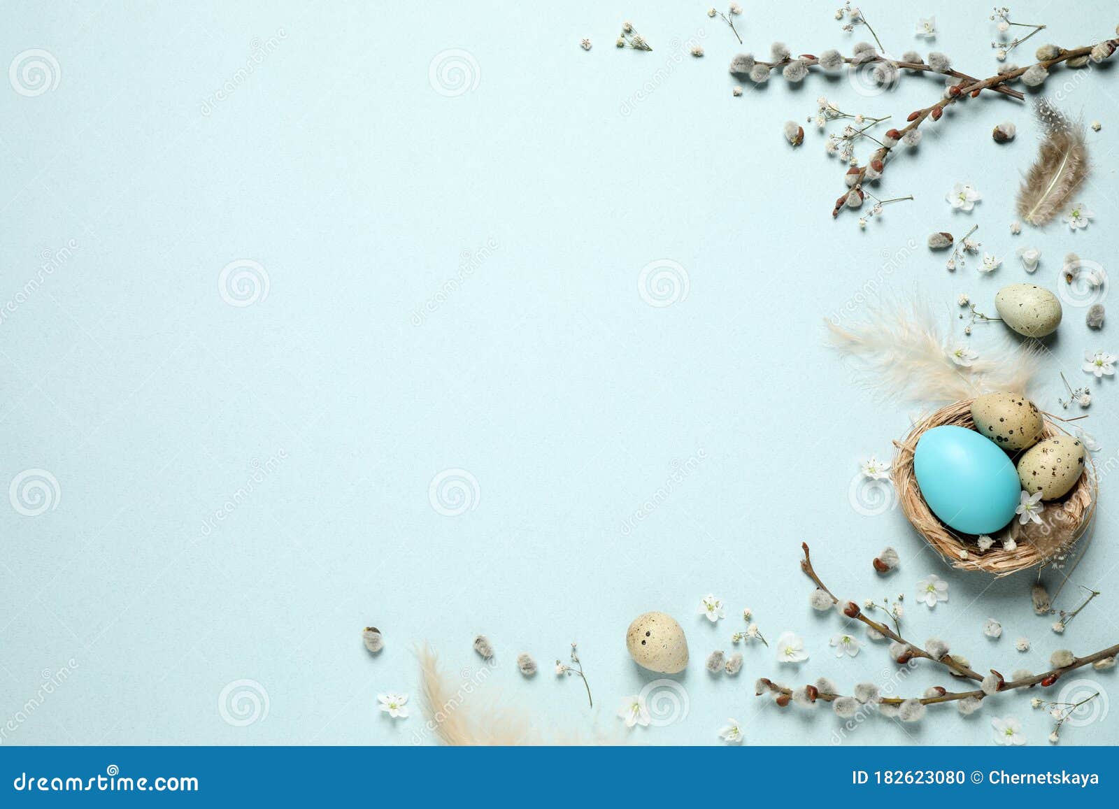 Flat Lay Composition with Flowers and Easter Eggs on Light Background ...