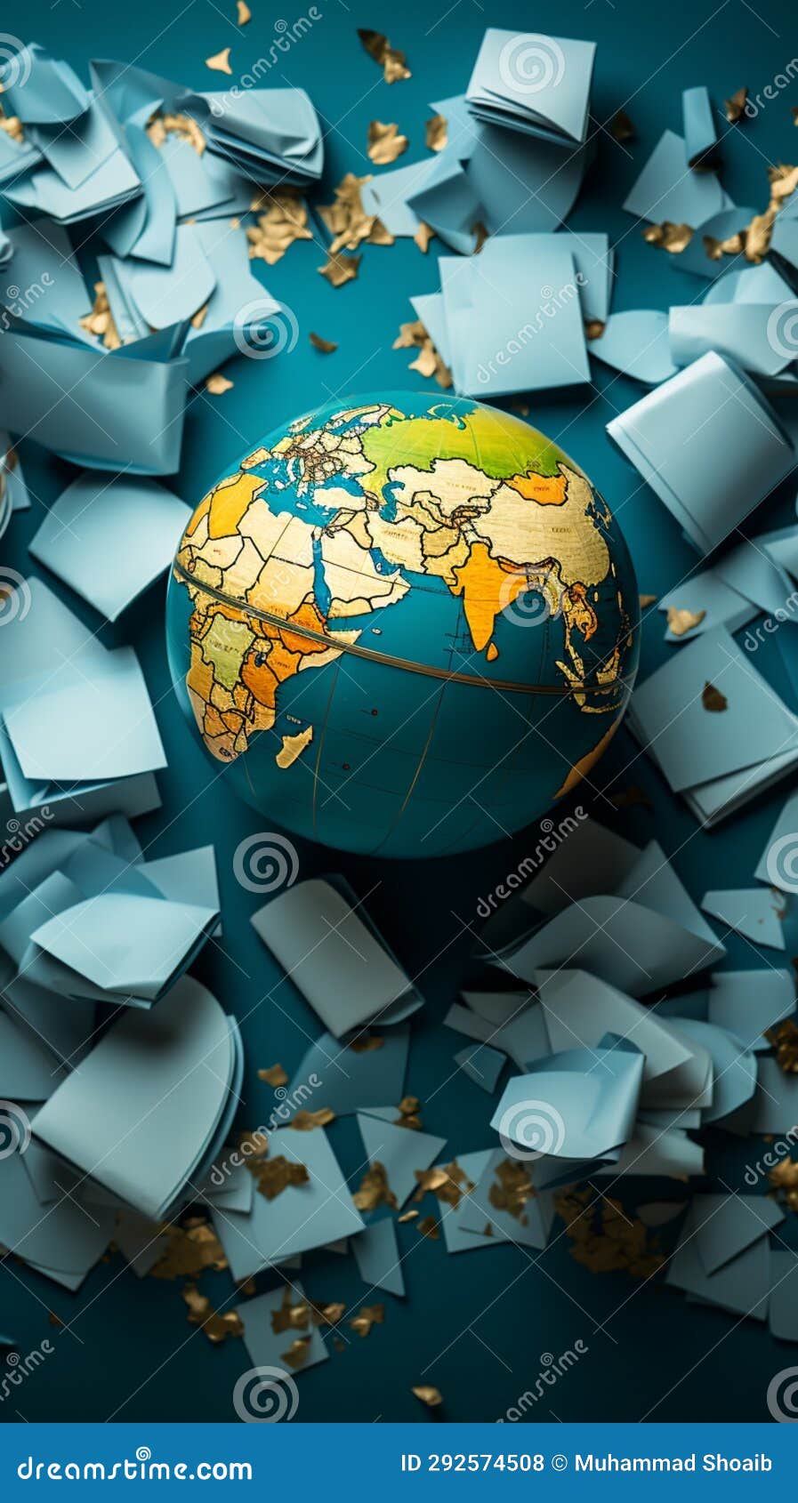 flat lay composition a globe surrounded by scattered sheets of paper