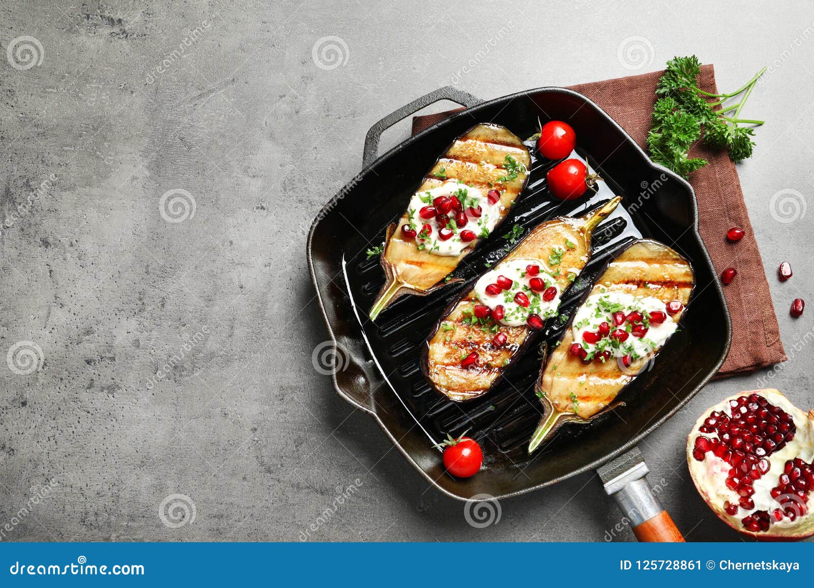 Flat Lay Composition with Grill Pan of Fried Eggplants Stock Image