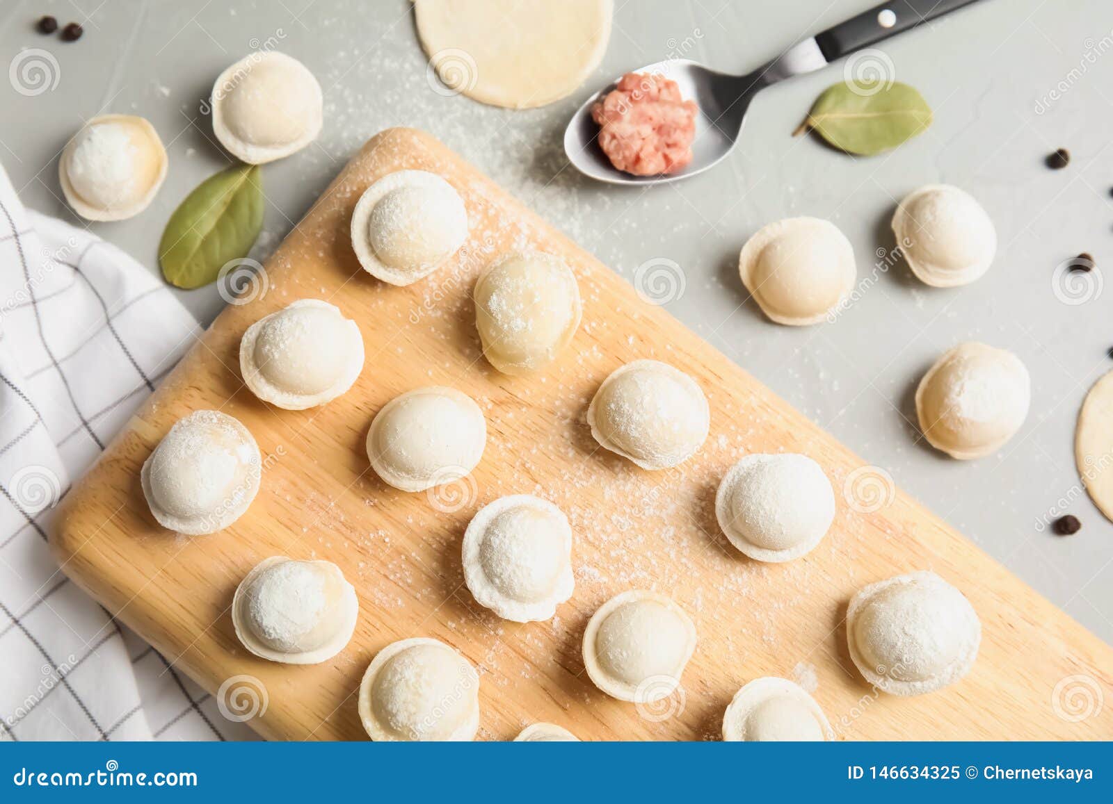 Flat Lay Composition with Raw Dumplings. Process of Cooking Stock Image