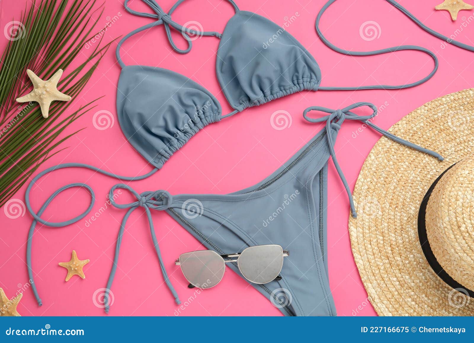 Flat Lay Composition with Stylish Bikini on Pink Background Stock Image ...