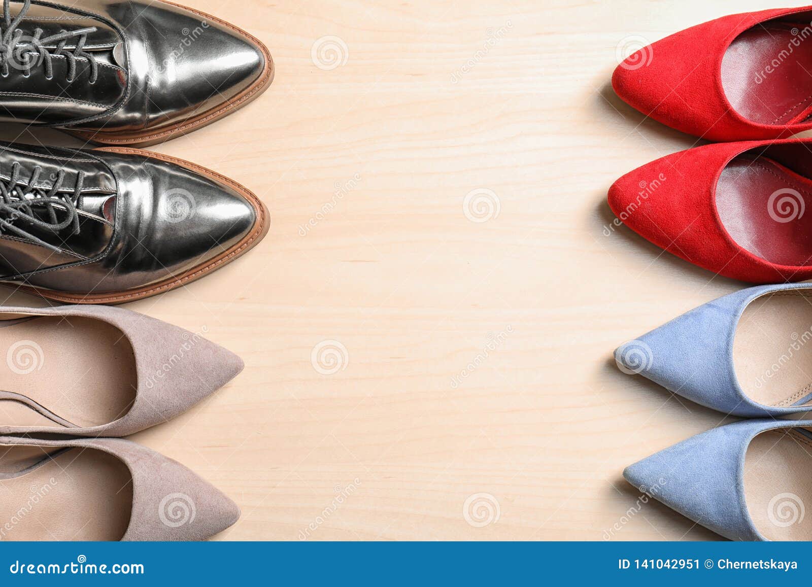 Flat Lay Composition of Stylish Lady`s Shoes on Wooden Background Stock ...