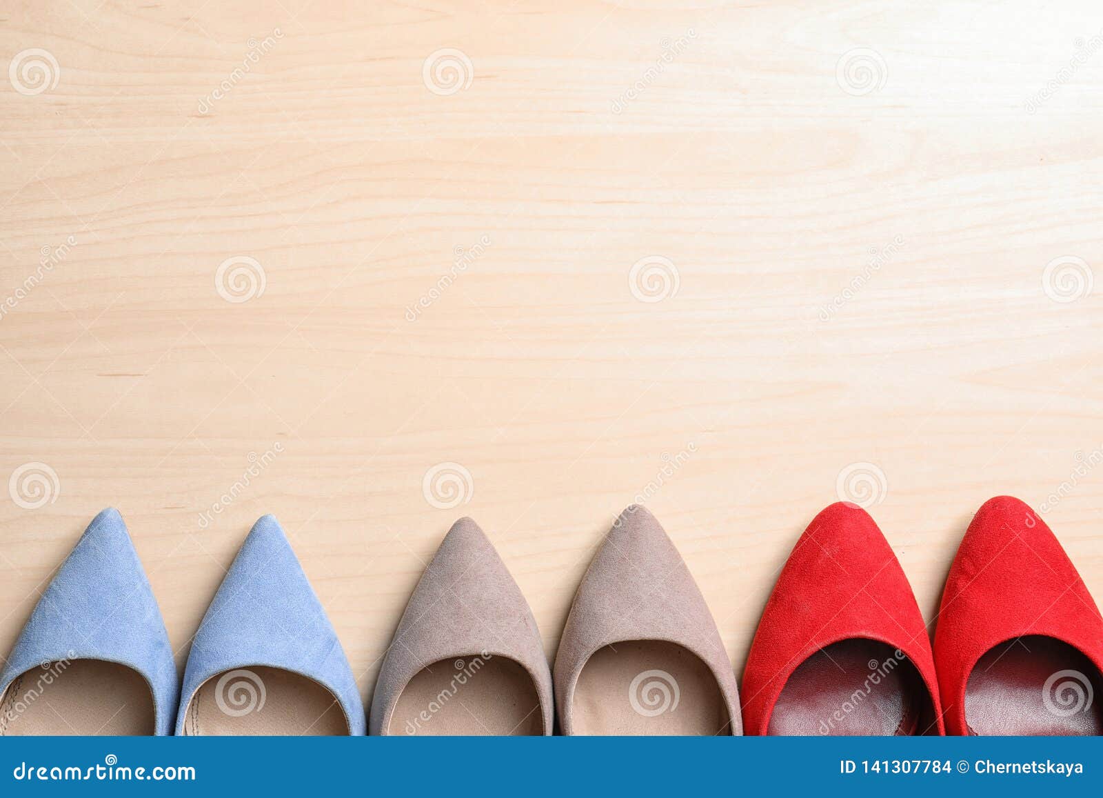 Flat Lay Composition of Stylish Lady`s Shoes on Wooden Background Stock ...