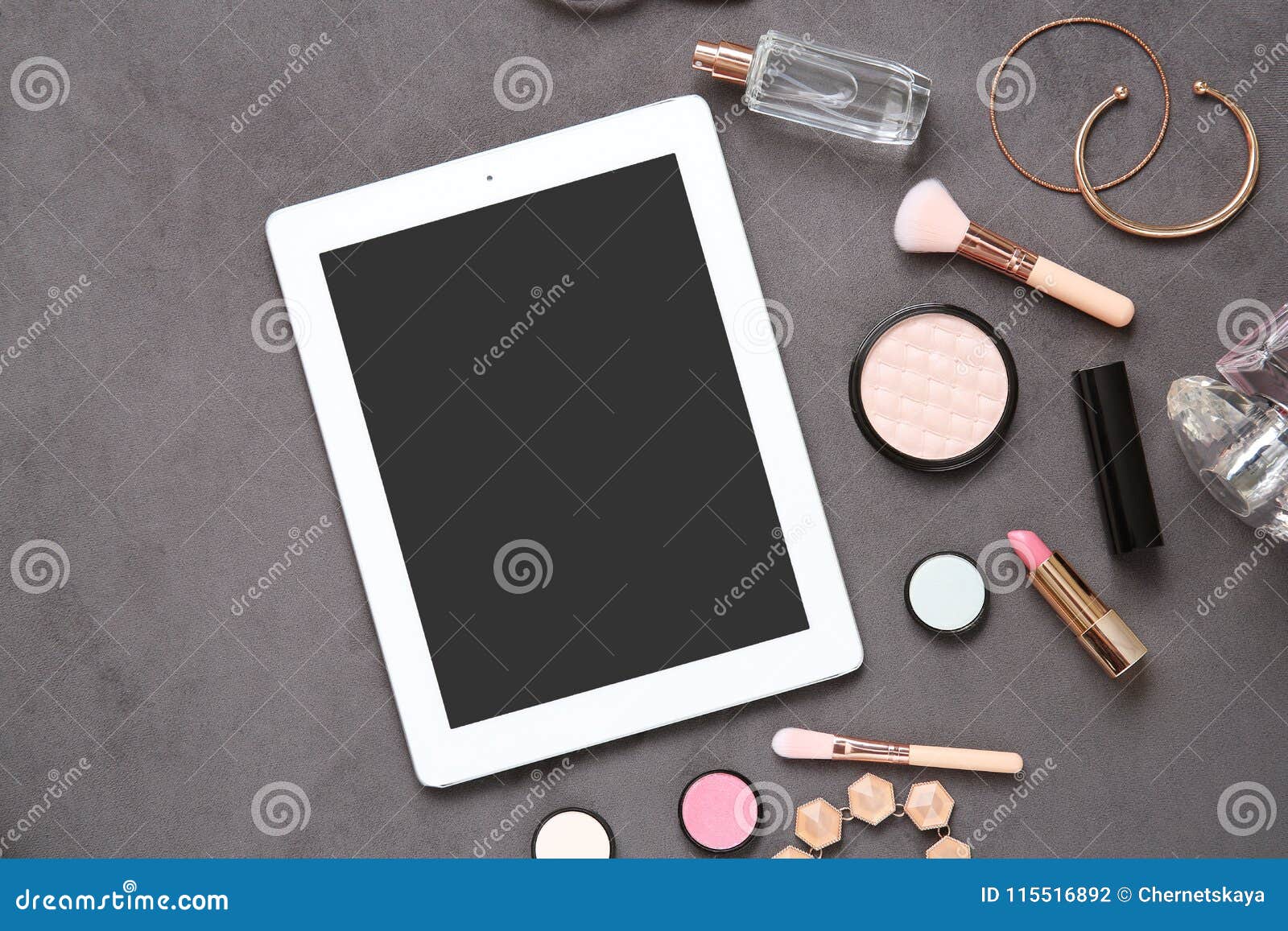 Flat Lay Composition with Tablet and Makeup Products Stock Photo ...