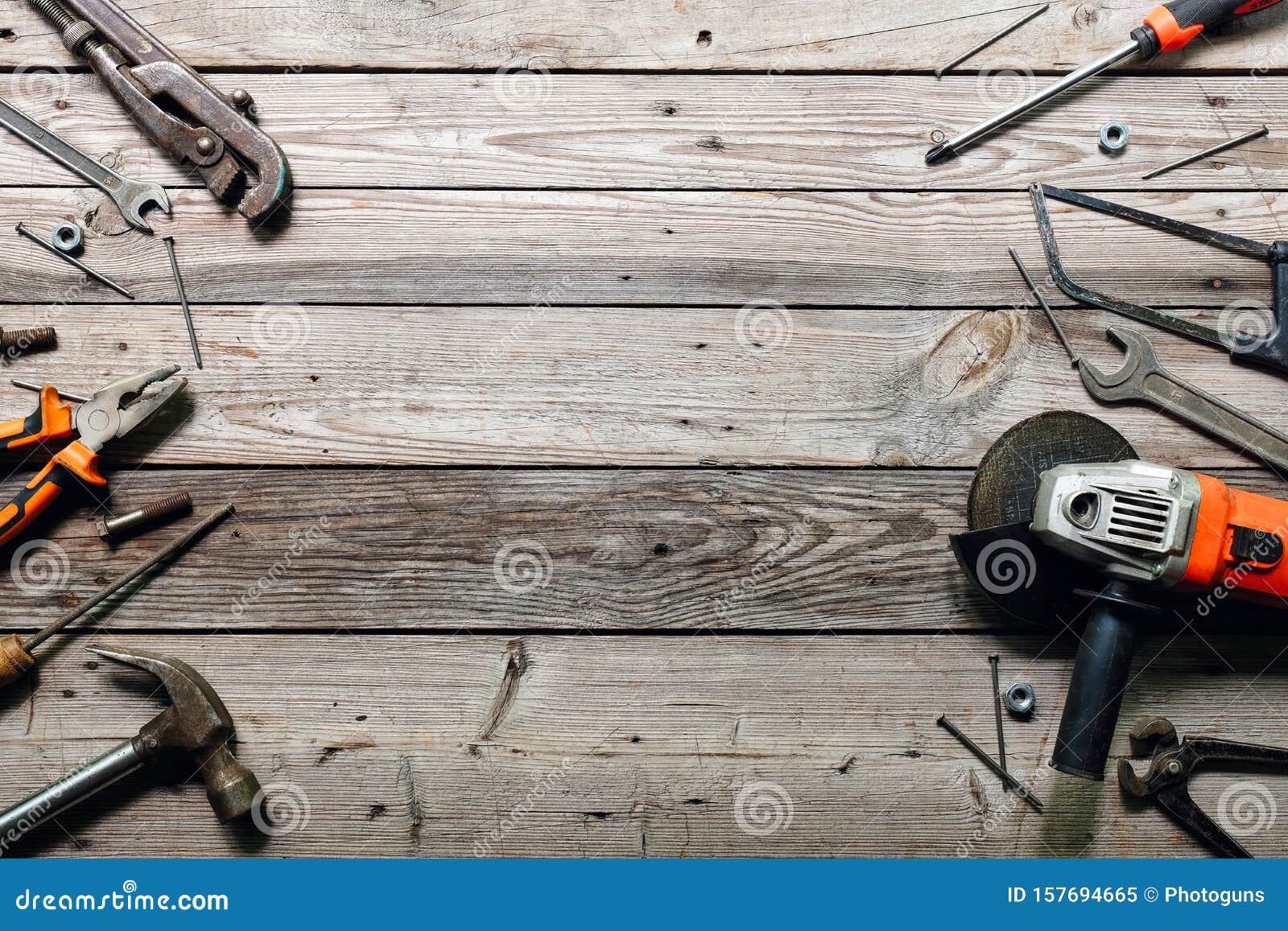 flat lay composition with vintage carpentry tools on rough