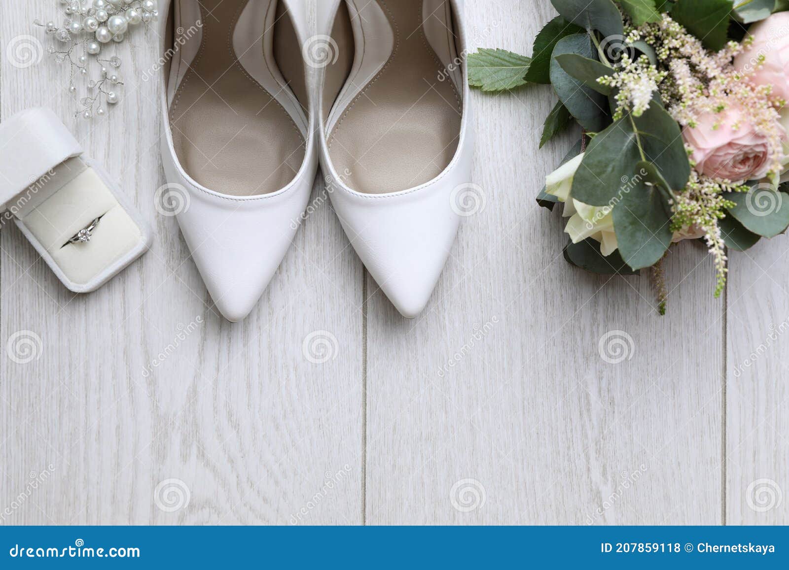 Flat Lay Composition with Wedding High Heel Shoes on White Wooden Floor ...