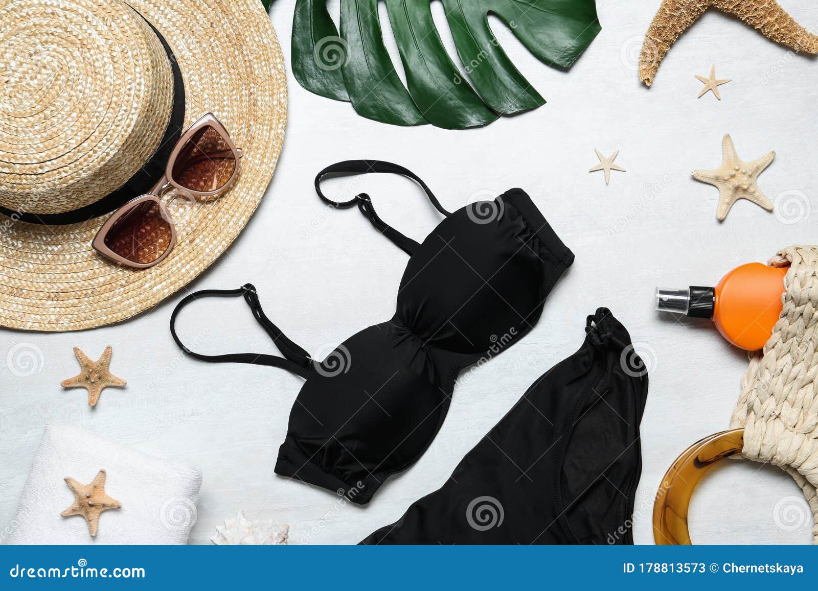 Flat Lay Composition with Woman`s Stylish Bikini on Background Stock ...