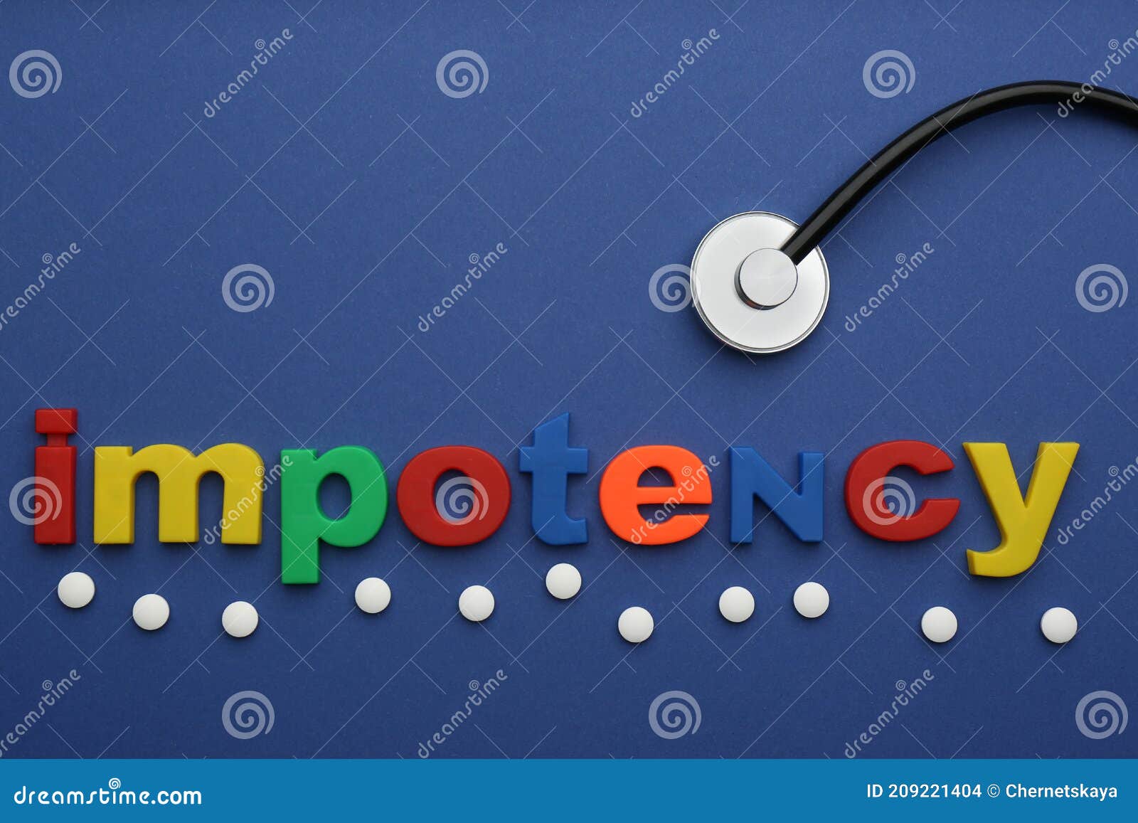 flat lay composition with word impotency on blue background