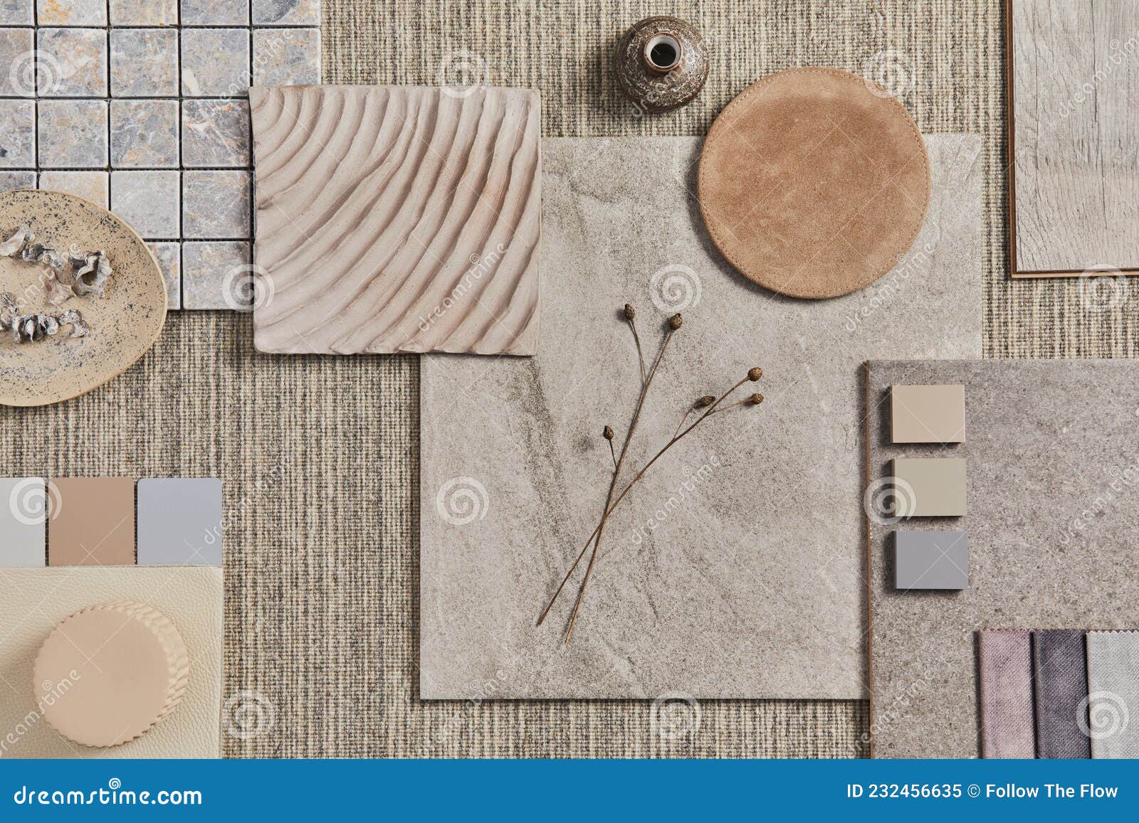 flat lay of creative  of beige architect moodboard composition with samples of building, neutral textile.