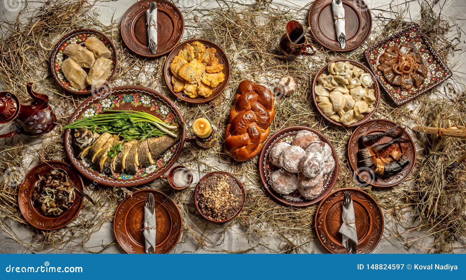 Flat Lay of Delicious Christmas Themed Dinner Table. Twelve Meatless