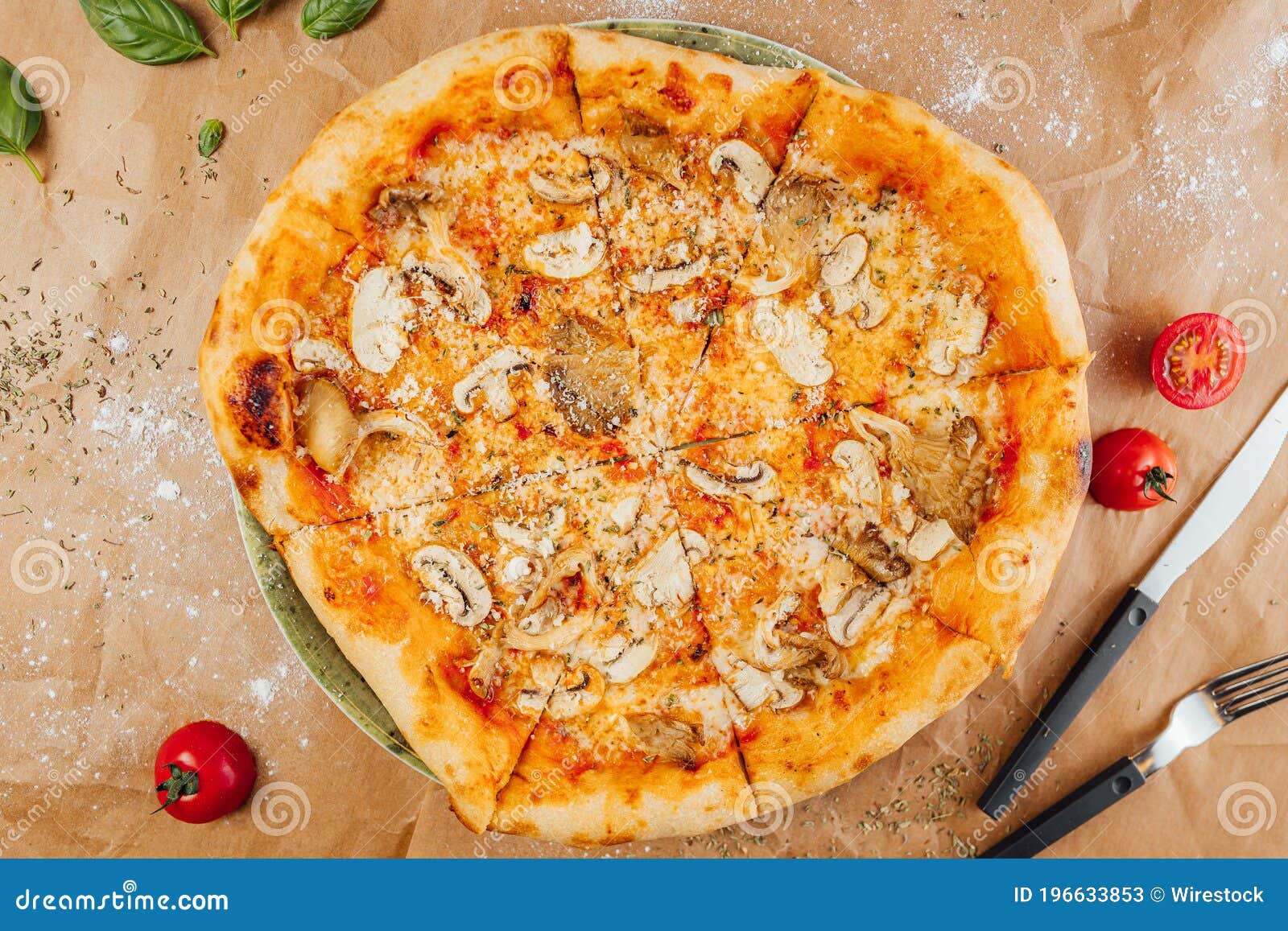 Flat Lay of Delicious Pizza with Fork and Knife Stock Image Image of