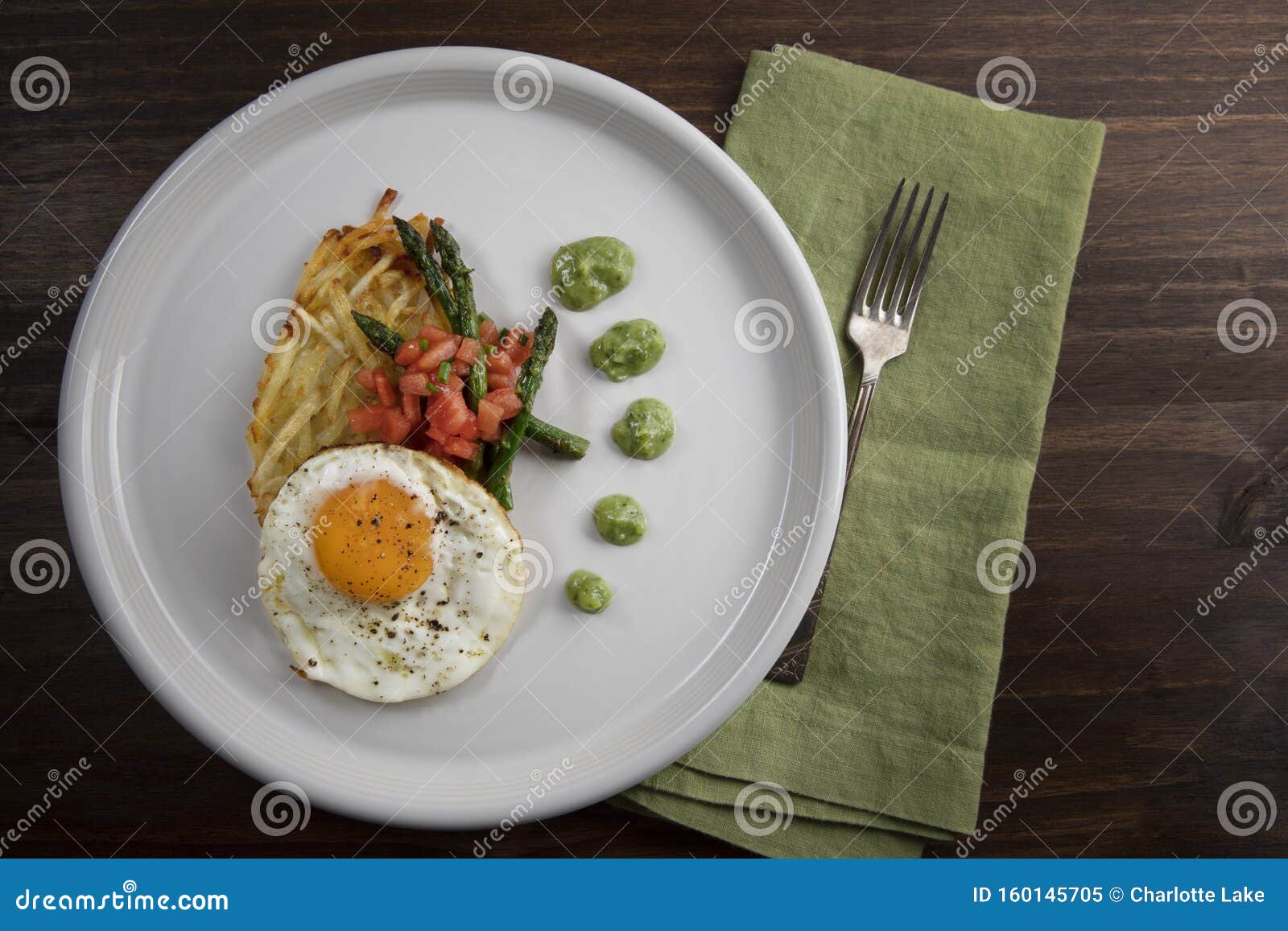 Flat Lay Eggs and Hash stock image. Image of asparagus 160145705