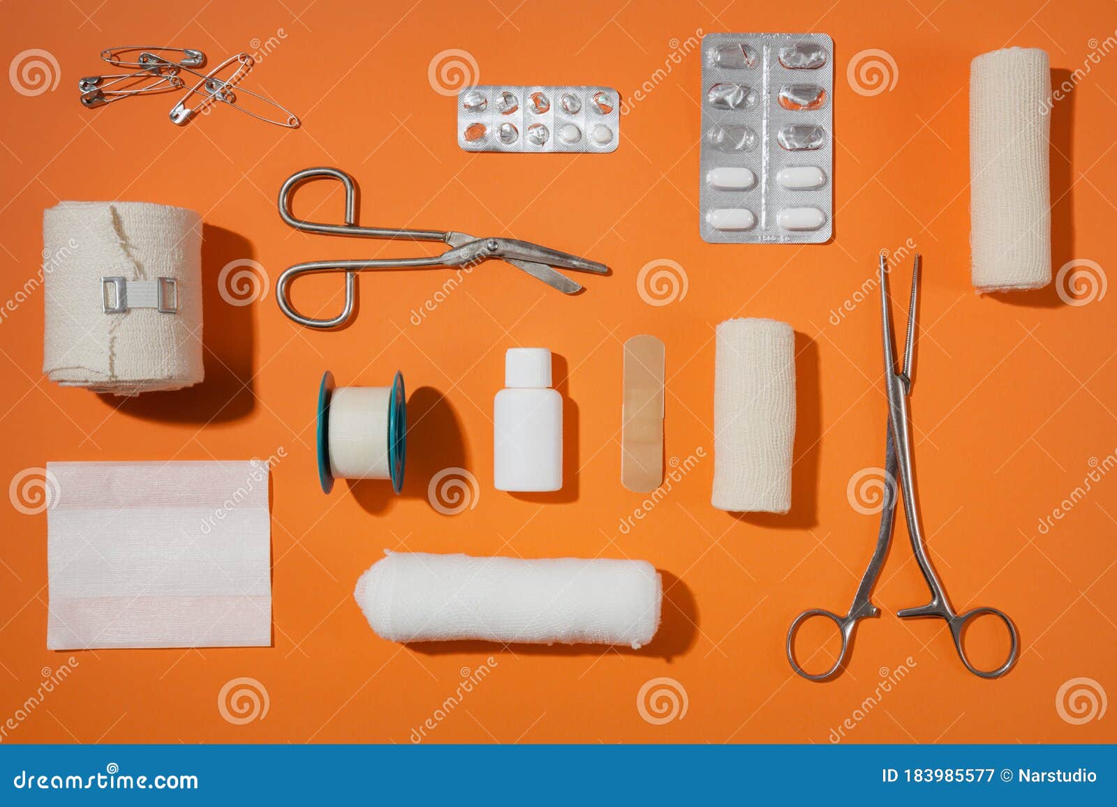 Flat Lay of First Aid Kit Items. Stock Image - Image of pain