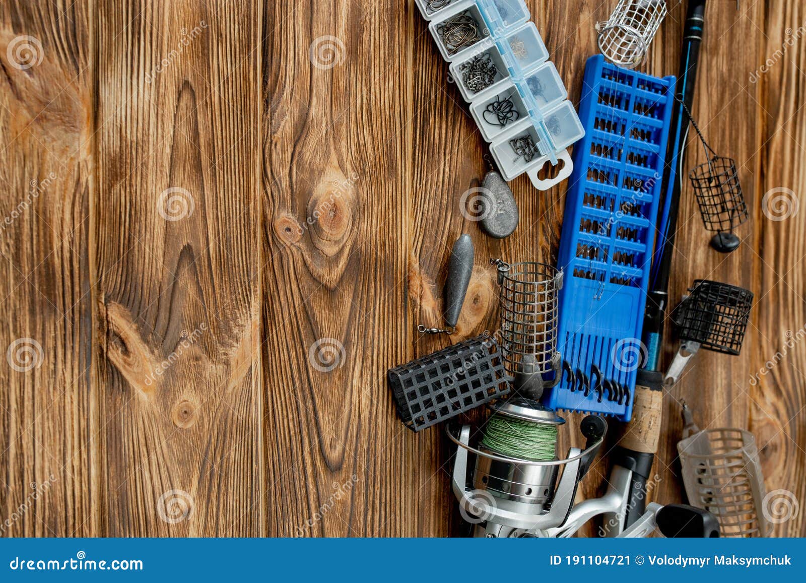 Flat Lay with Fishing Tackle, Fishing Rod and Plastic Box with Fishing  Tackle and Hooks, Feeders on Wooden Planks, Copy Space Stock Image - Image  of food, casting: 191104721