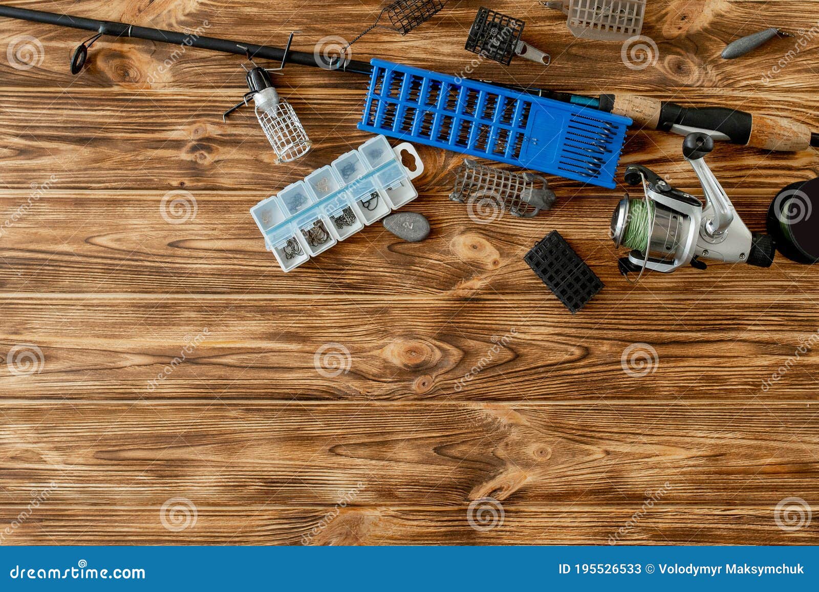 Flat Lay with Fishing Tackle, Fishing Rod and Plastic Box with Fishing  Tackle and Hooks, Feeders on Wooden Planks, Copy Space Stock Image - Image  of accessories, fishhook: 195526533