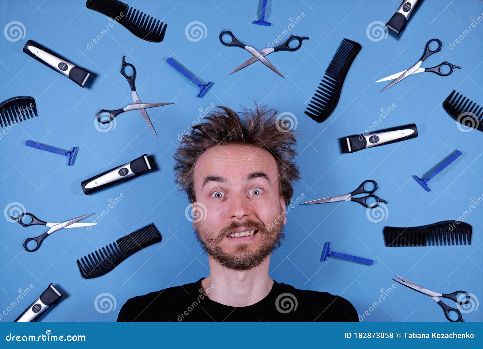 Flat Lay Funny Face Of Bearded Disheveled Man And Barber Grooming ...