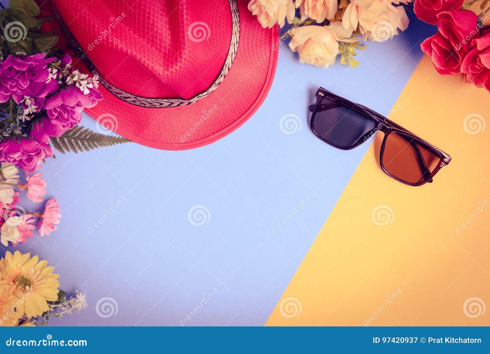 Flat Lay Hat and Sunglasses with Flowers on Top Table Stock Image ...
