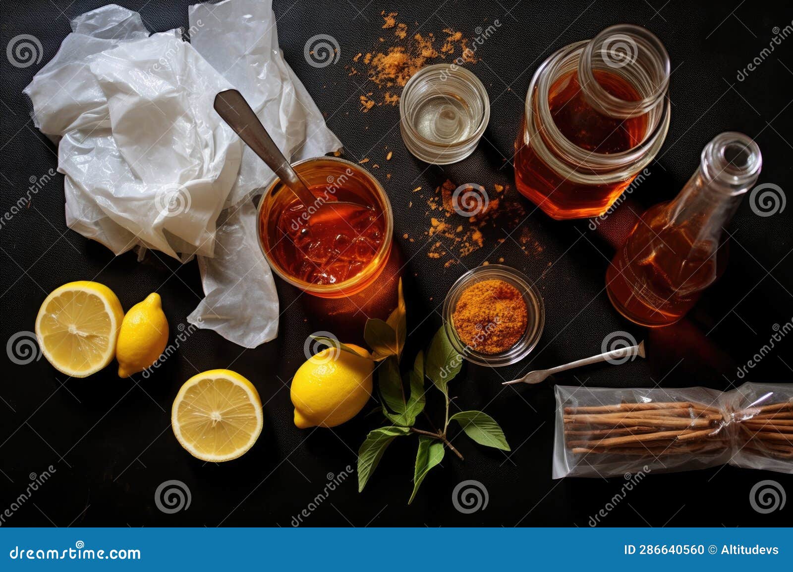 Flat Lay of Ice Tea Ingredients Tea Bags, Sugar, Lemon Stock Photo