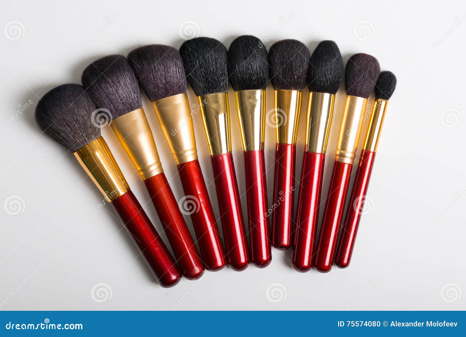 Flat Lay Makeup Brushes On White Background Top View Stock Photo