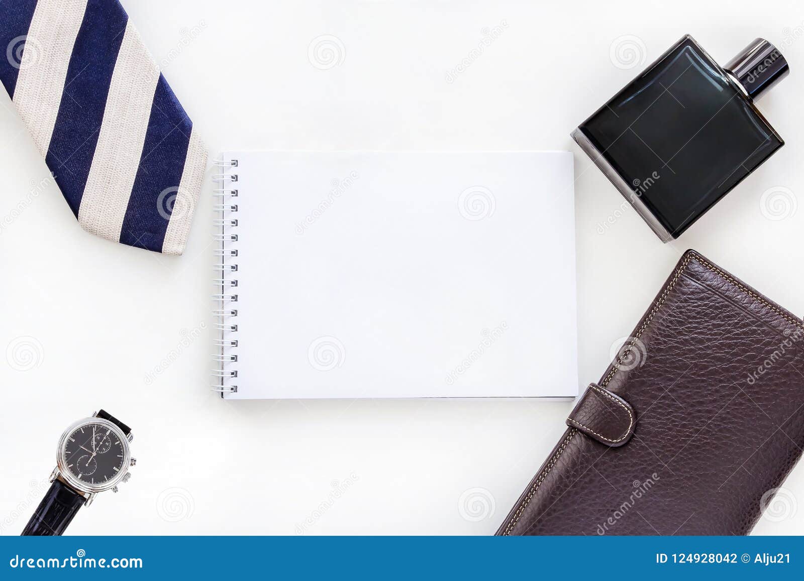 Download Flat Lay Man Set: Watch, Tie, Tie Clip, Pen, Perfume, Wallet And Notepad. Mock Up. Top View ...