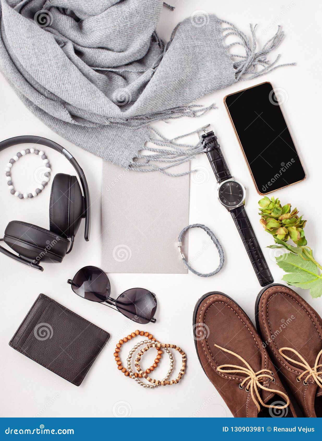 Flat Lay of Men S Accessories with Shoes, Watch, Phone, Earphone Stock ...