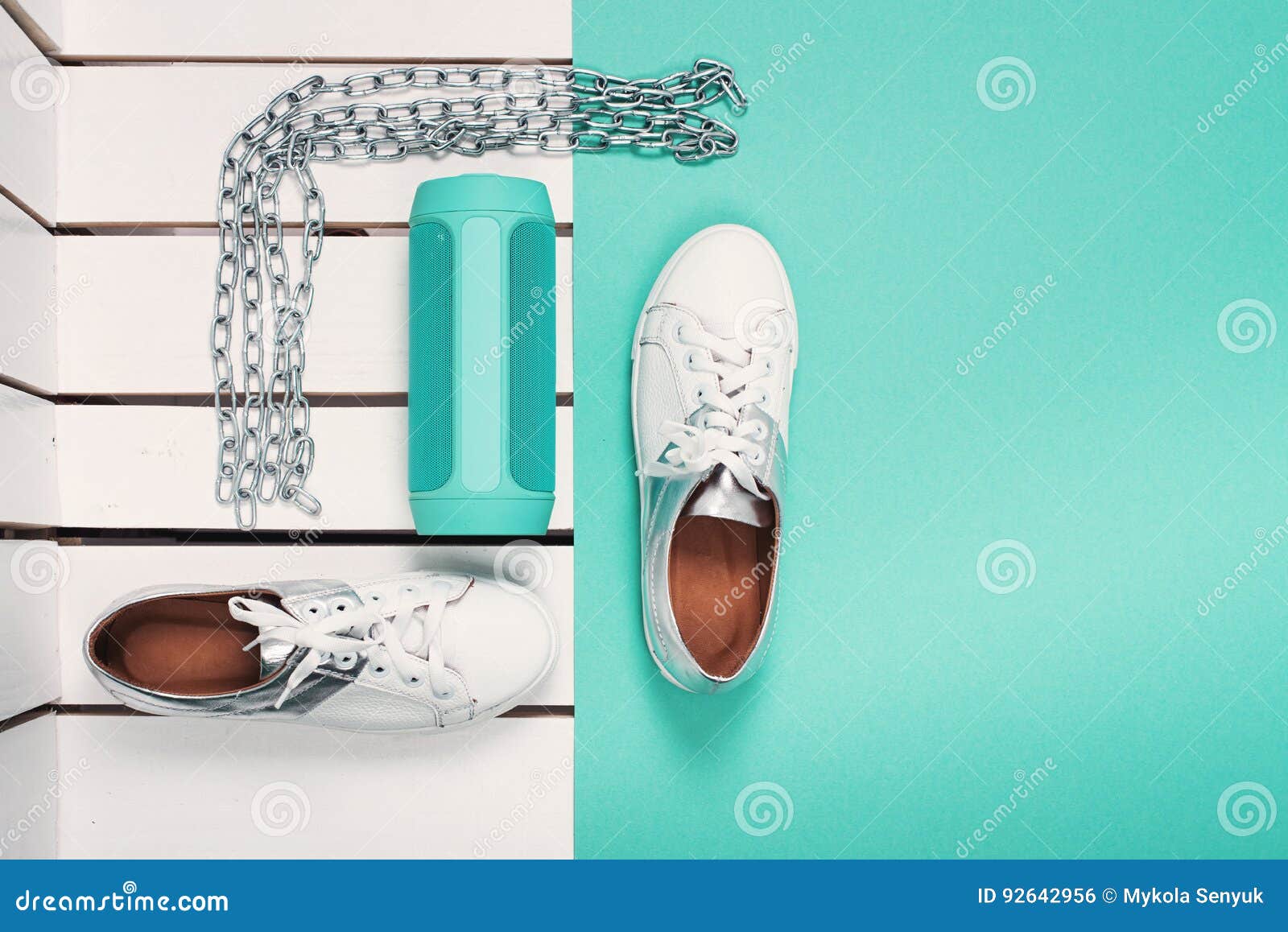 Flat Lay of Modern White Shoes. Overhead Top View Photography. Youth ...