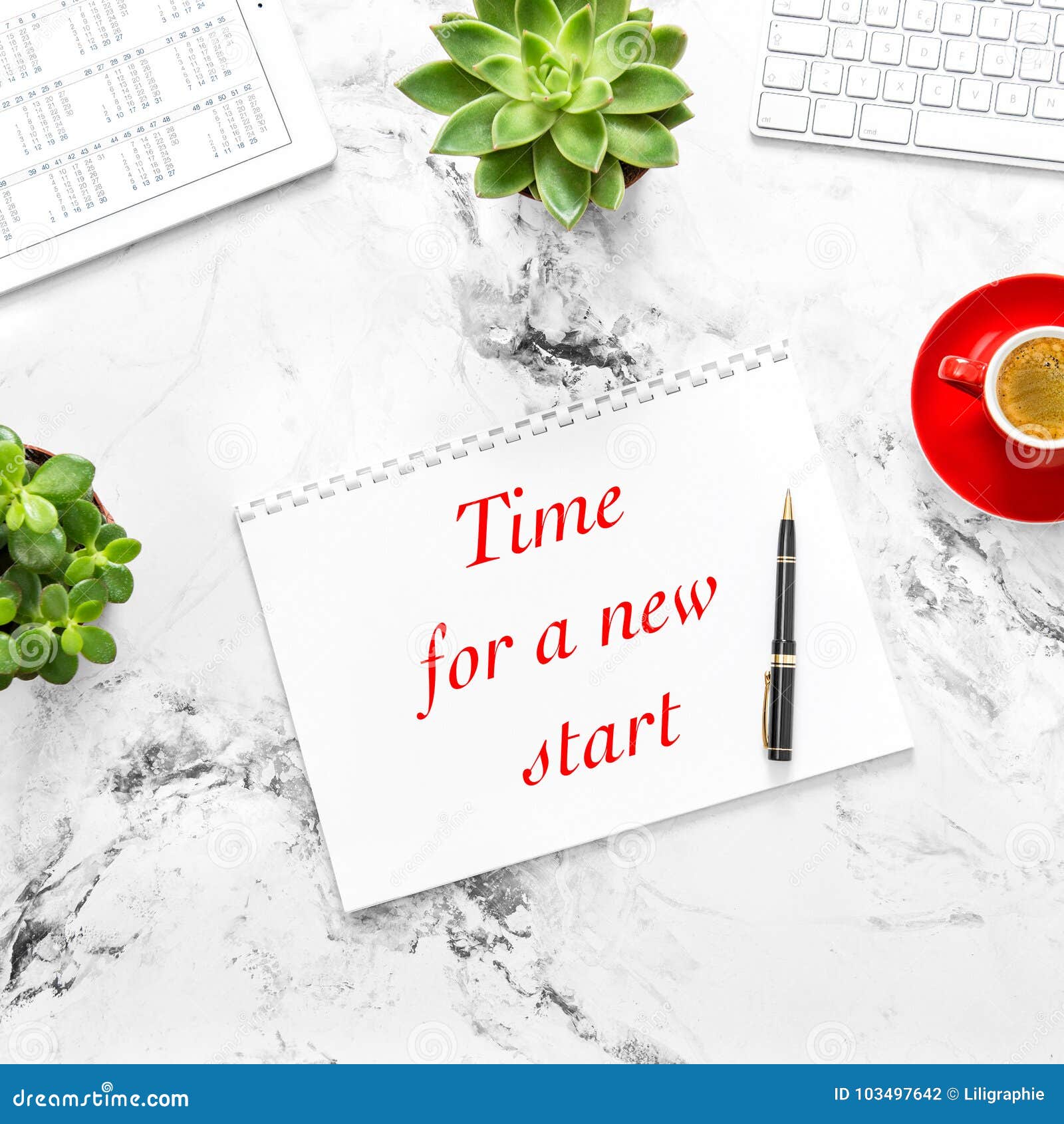 Flat Lay Paper Tablet Pc Calendar Coffee Start Up Stock Photo