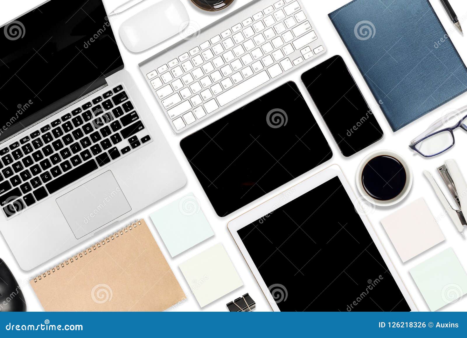 flat lay photo of office table with laptop computer, digital tablet, mobile phone and accessories. on  white background. d