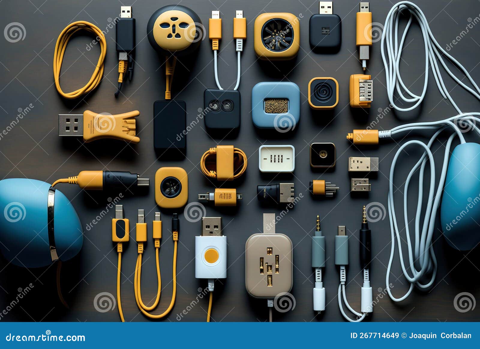 Flat Lay of Plugs and Chargers of Different Types and Sizes. Ai
