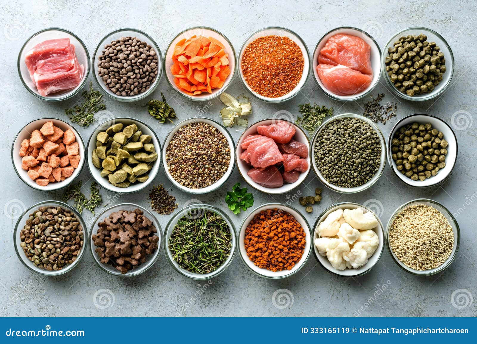 a flat lay of premium quality organic dog food ingredients, viewed from the top, generated ai