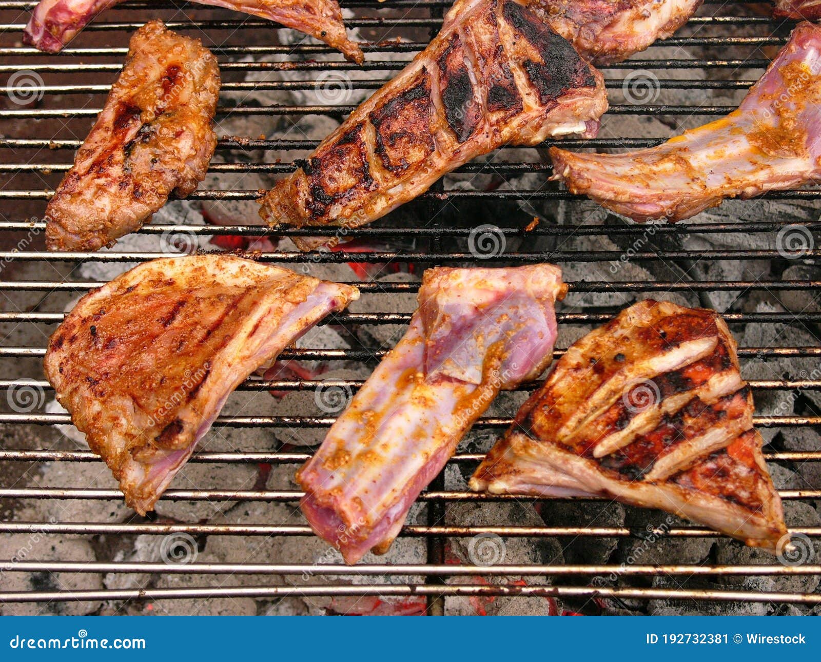 Flat Lay of Spicy Lamb Barbecue on the Charcoal Grill Stock Image