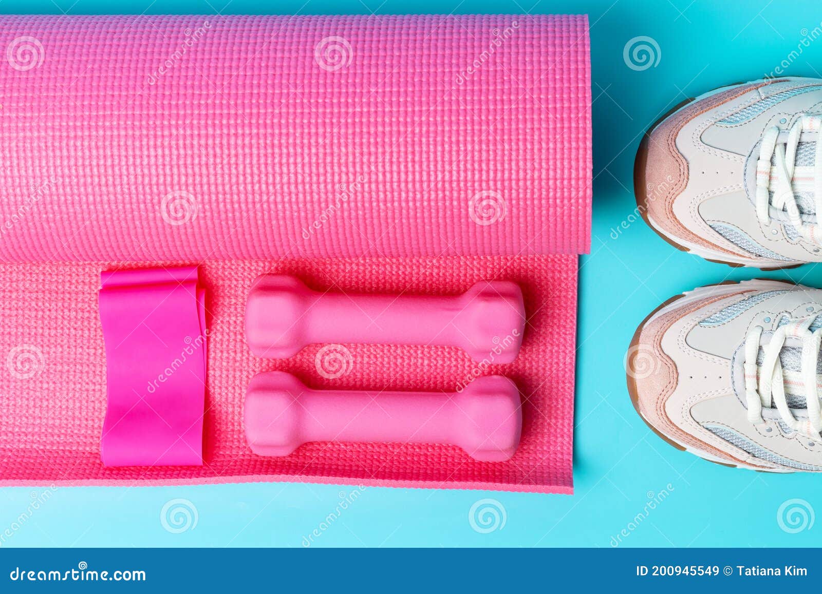 Flat Lay of Sports Accessories Top View on Blue Background. Stock Image