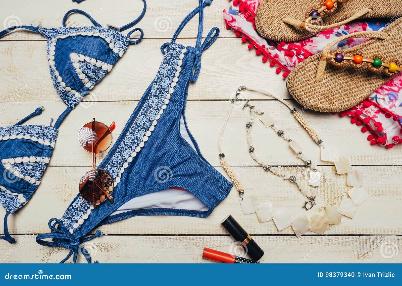 Flat Lay of Summer Fashion with Blue Bikini Swimsuit, and Girl ...