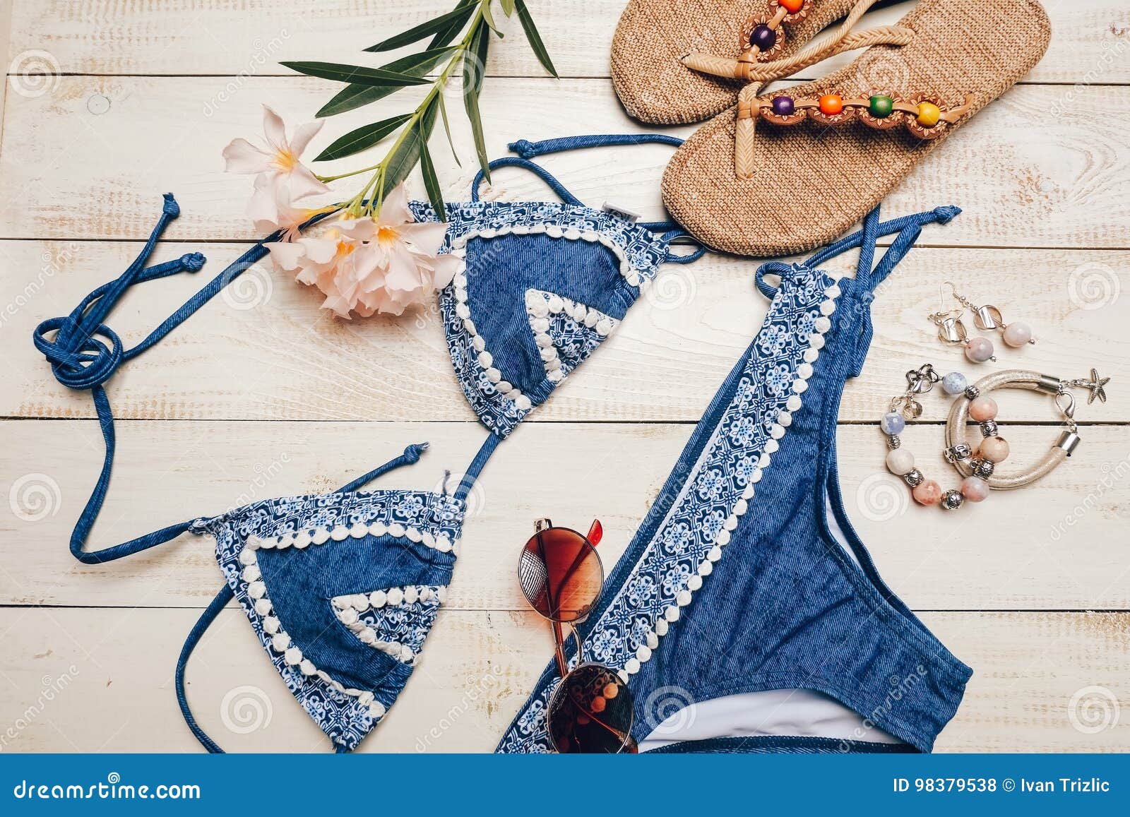 Flat Lay of Summer Fashion with Blue Bikini Swimsuit, and Girl ...