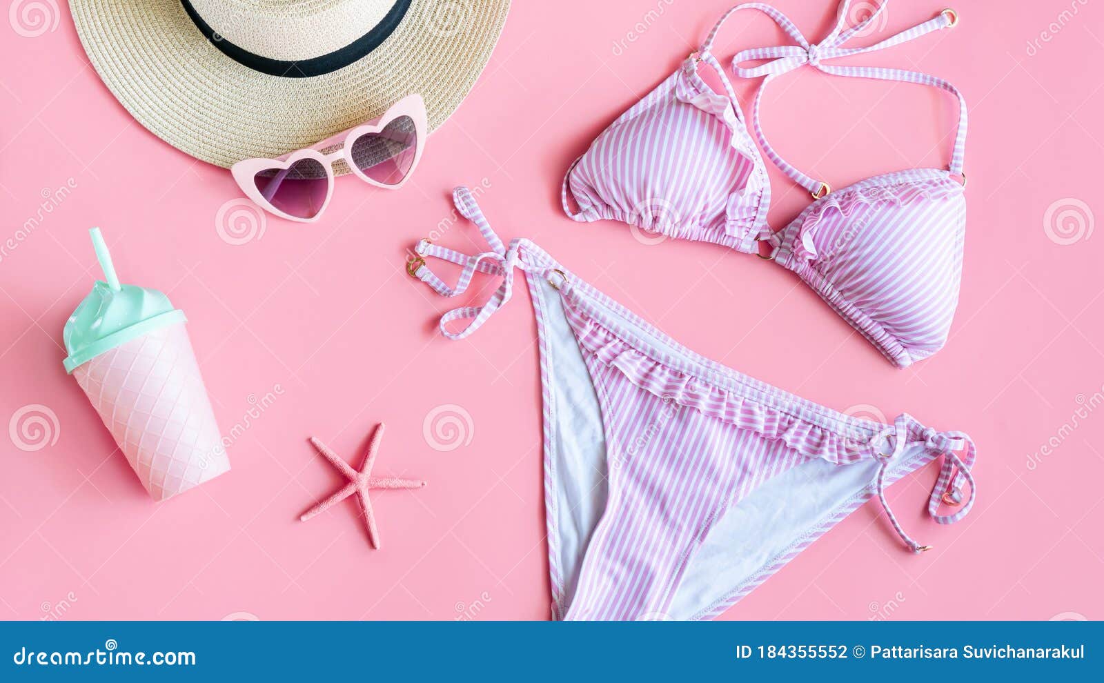 Flat Lay of Summer Items with Pastel Pink Bikini, Plastic Glass, Beach ...