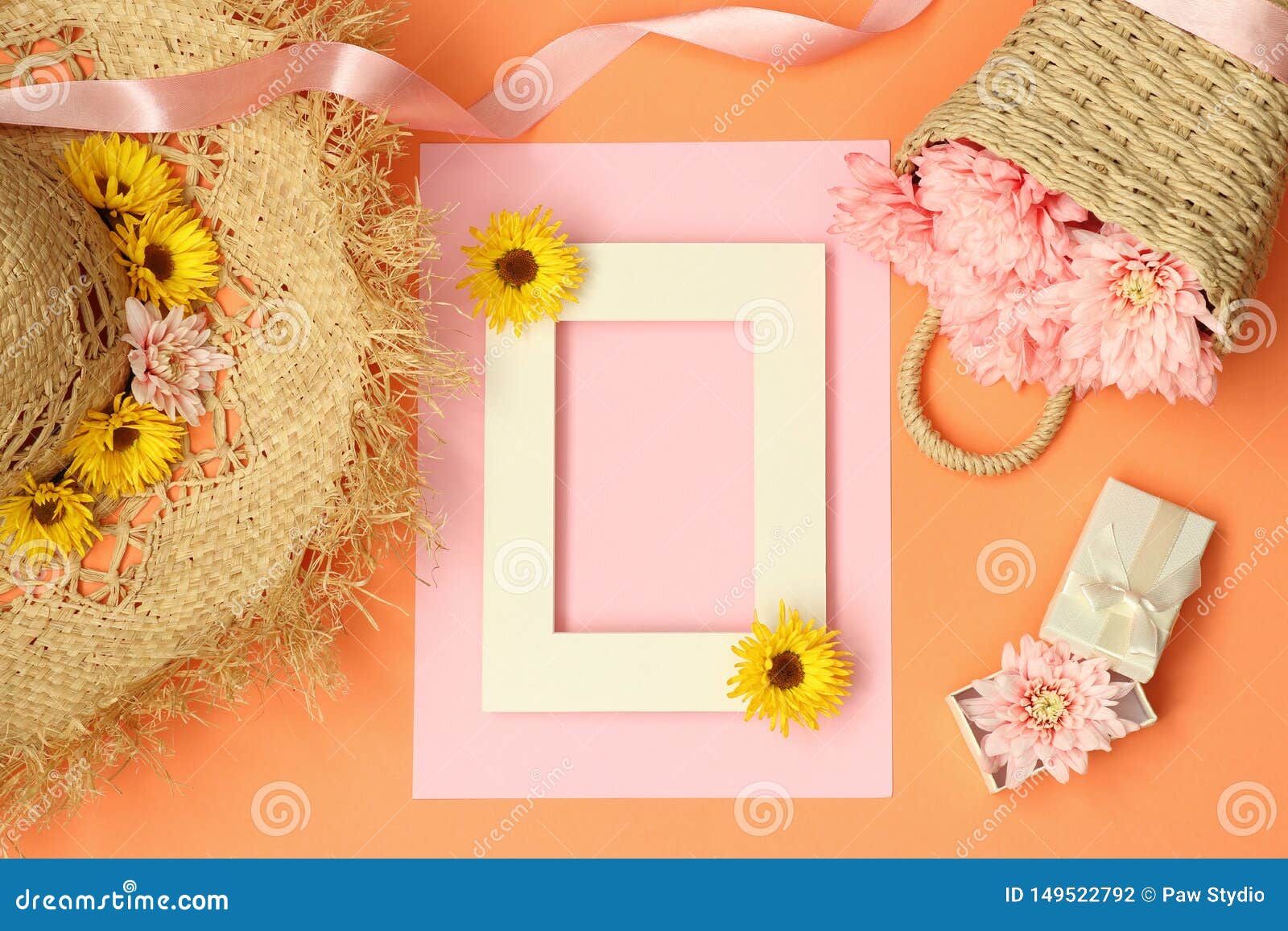 Download Flat Lay Summer Mockup Frame With Straw Hat Stock Photo ...