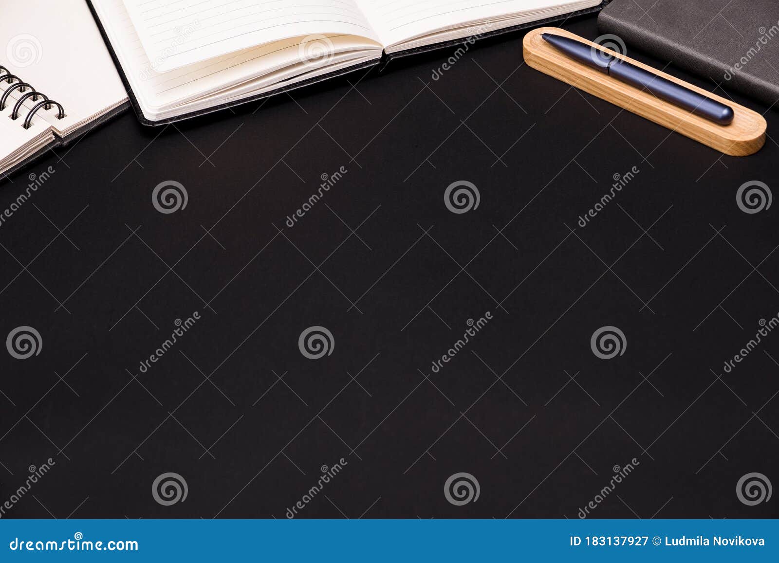 Flat Lay of Top View Black Work Table with Office Objects Includes
