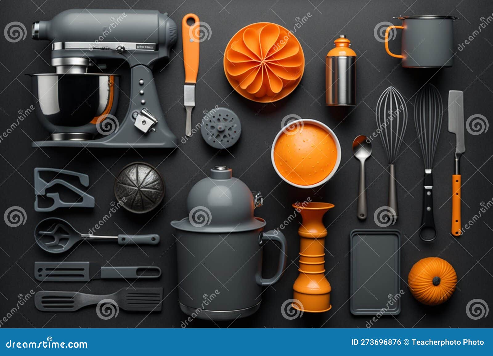 Flat Lay and Top View of Kitchen Utensils (cooking Tools) on a Grey