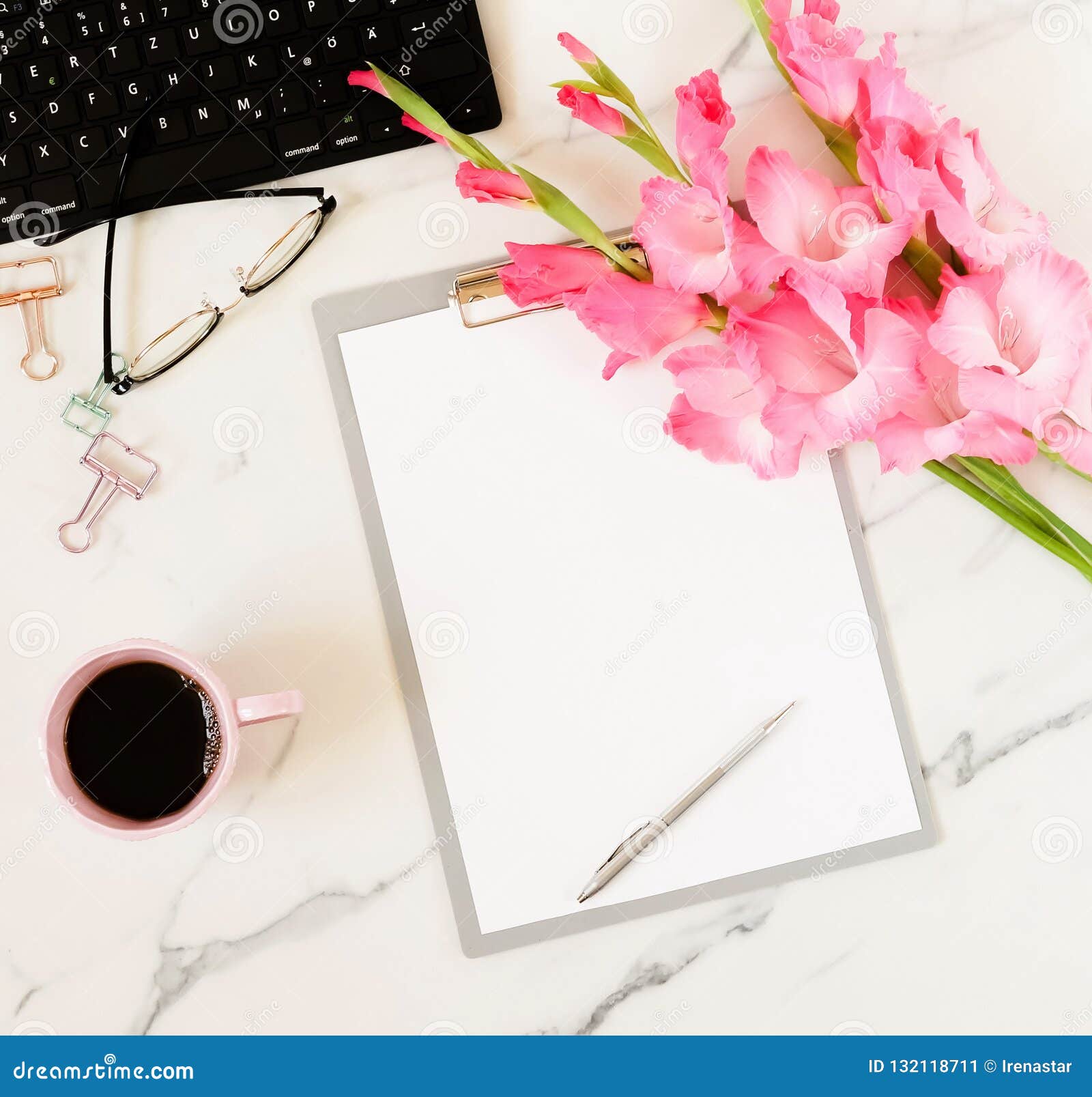 Flat Lay Top View Women S Office Desk With Flowers Holiday