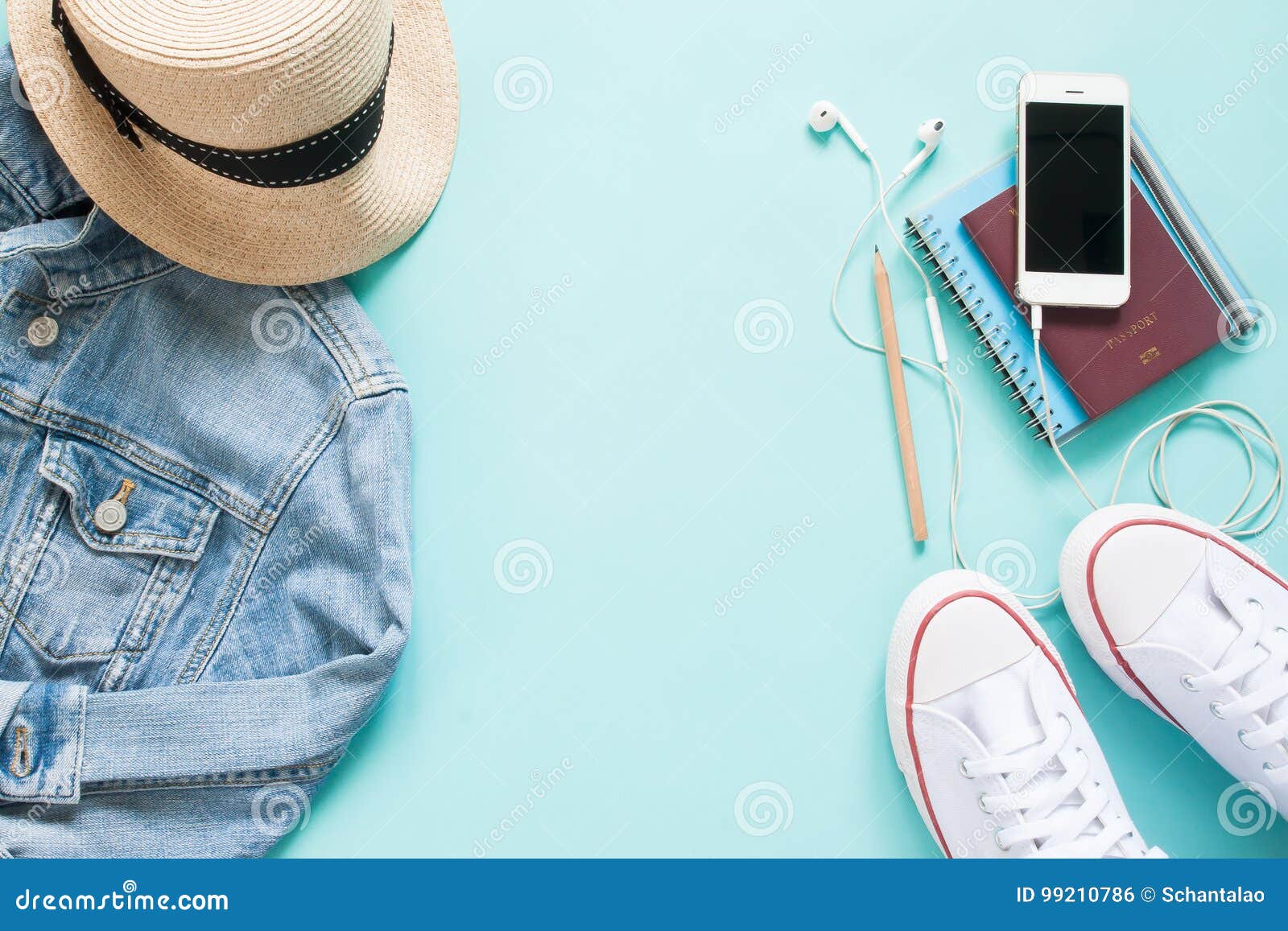 Flat Lay of Tourist Items with Mobile Device, Passport and Clothing on ...