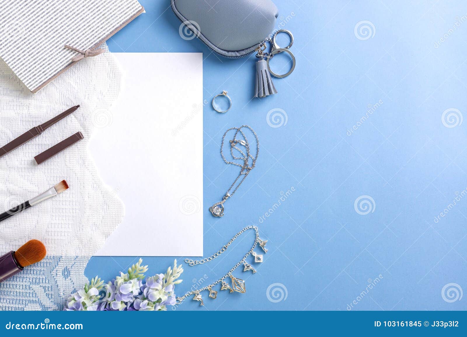 Woman Accessories on Blue Background Stock Image - Image of leather ...