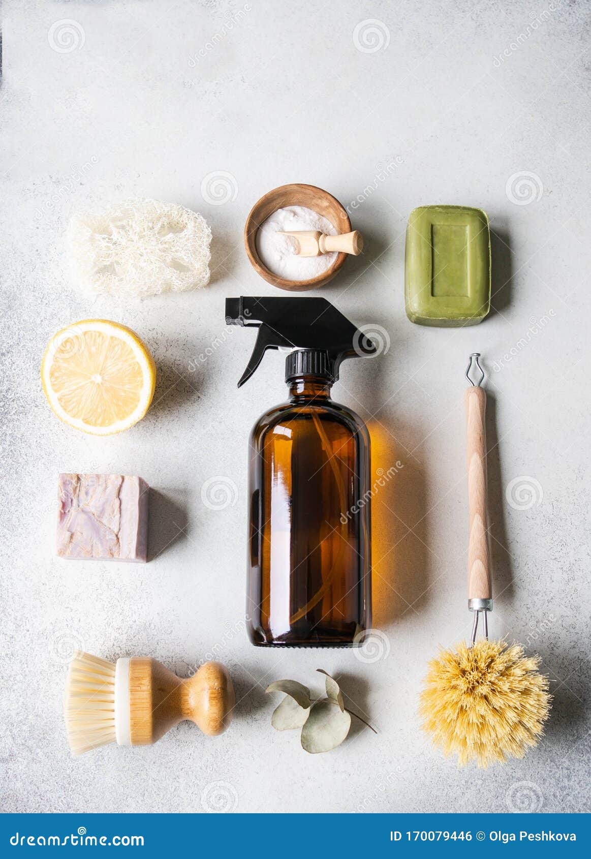 Flat Lay Zero Waste Home Cleaning Concept. Various Items and