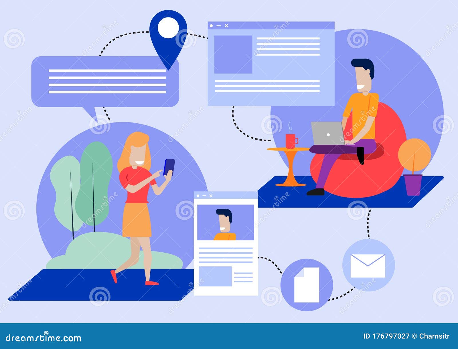 Cartoon of Man and Woman Using Laptop and Mobile Phone for Online  Communication and Social Media Stock Vector - Illustration of phone, human:  176797027